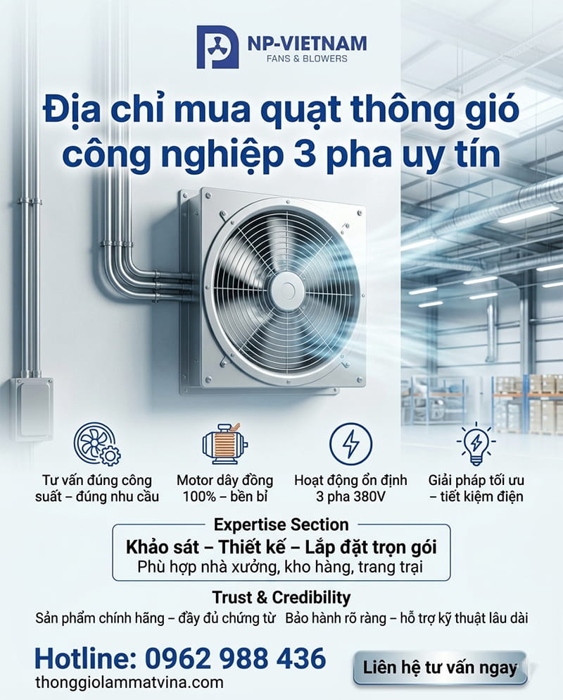 NP Việt Nam - Địa chỉ mua quạt thông gió công nghiệp 3 phan uy tín, chính hãng