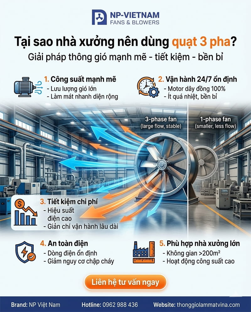 Tại sao nhà xưởng nên ưu tiên sử dụng quạt 3 pha thay vì 1 pha?
