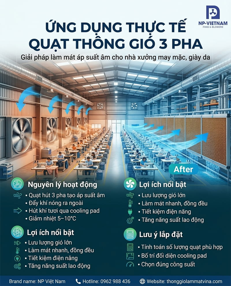 Hệ thống làm mát áp suất âm trong nhà xưởng may mặc, giày da