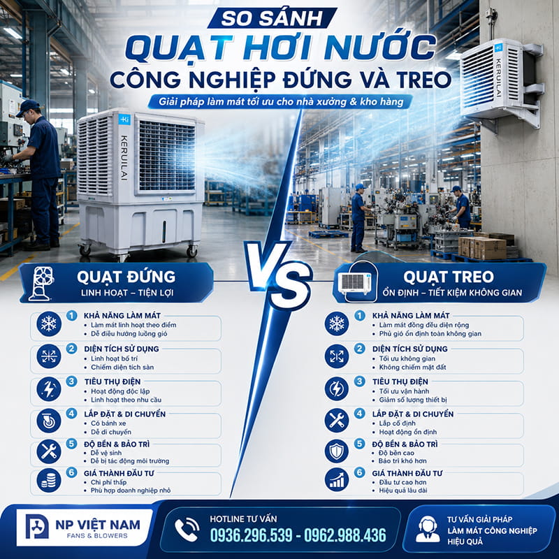 So sánh quạt hơi nước công nghiệp đứng và treo