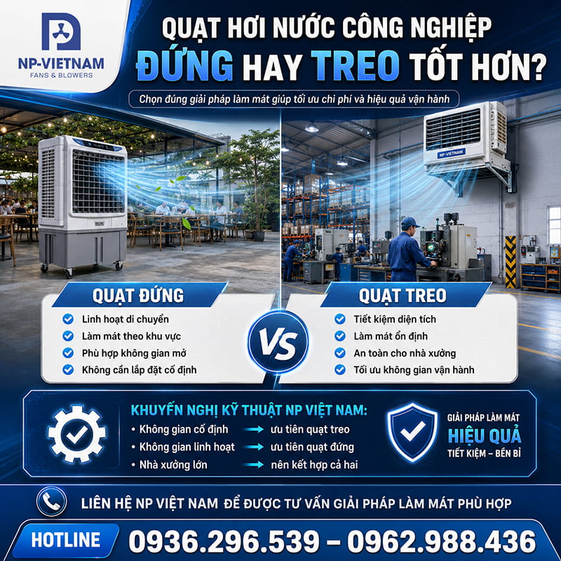 Quạt hơi nước công nghiệp đứng hay treo tốt hơn?