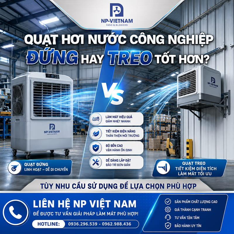 Quạt hơi nước công nghiệp đứng hay treo tốt hơn?