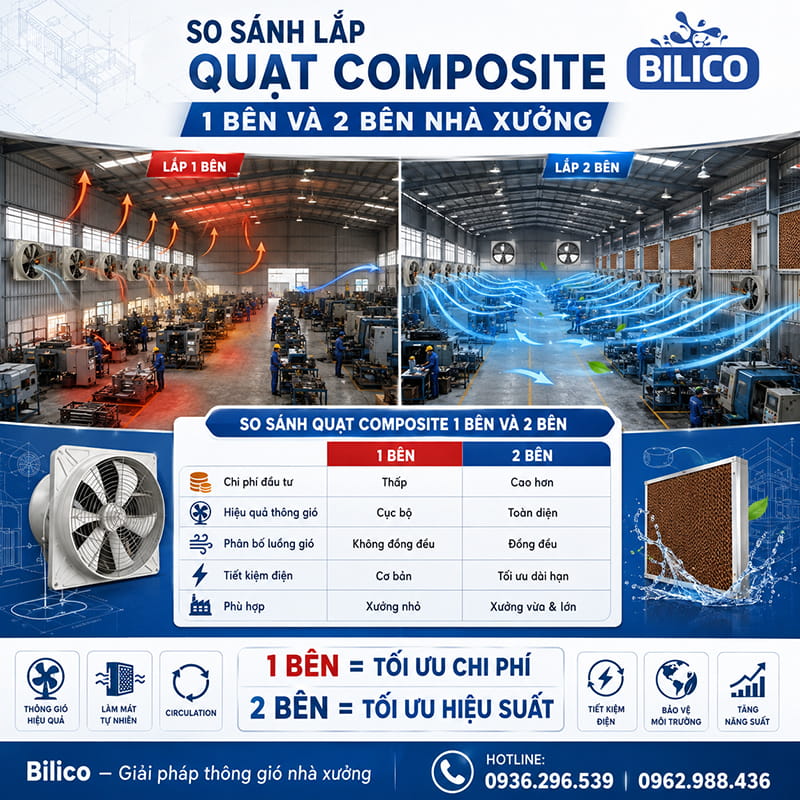 So sánh lắp quạt Composite 1 bên và 2 bên nhà xưởng