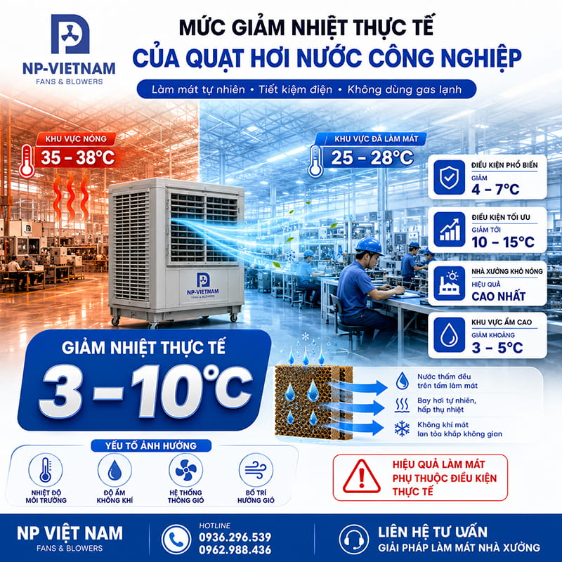 Mức giảm nhiệt thực tế của quạt hơi nước công nghiệp