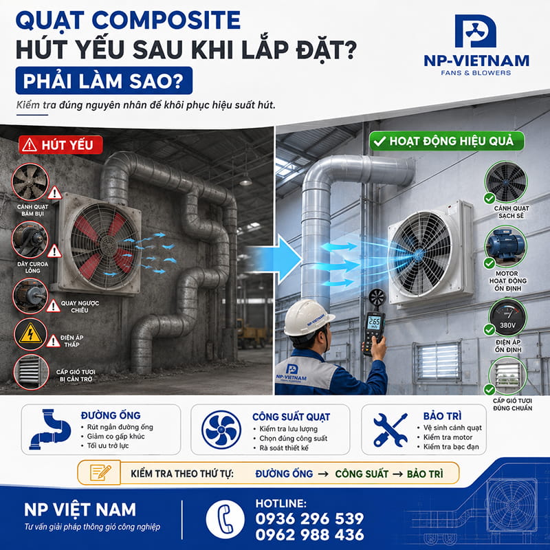Quạt composite hút yếu sau khi lắp đặt phải làm sao?