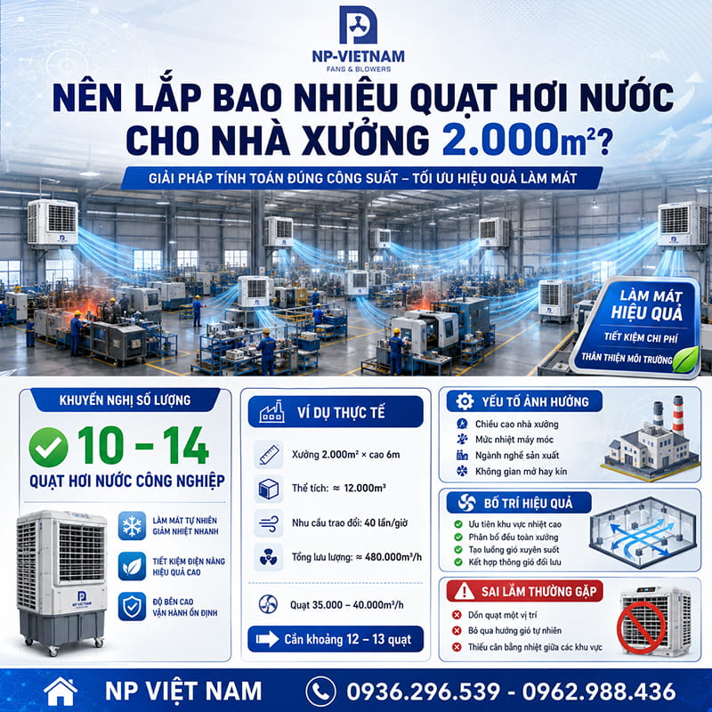 Nên lắp bao nhiêu quạt hơi nước cho nhà xưởng 2.000m2?