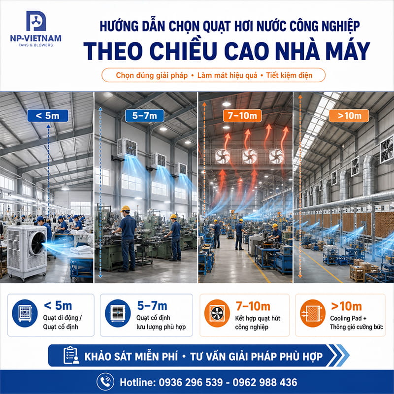 Hướng dẫn chọn quạt hơi nước công nghiệp theo chiều cao nhà máy