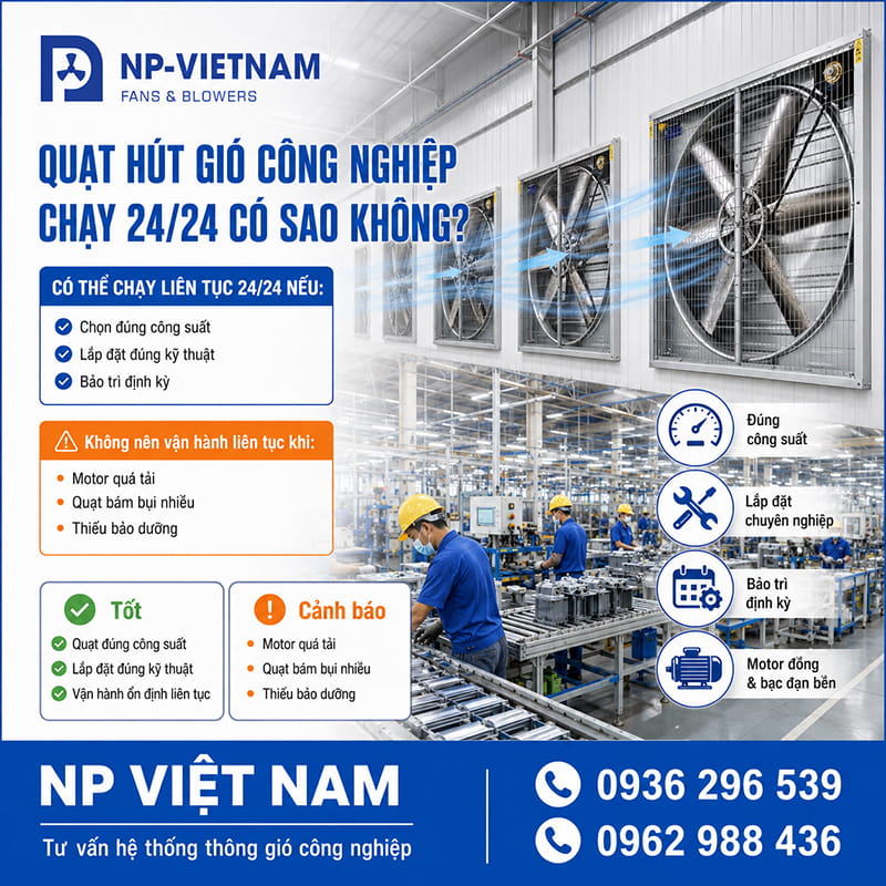 Quạt hút gió công nghiệp chạy 24/24 có sao không?
