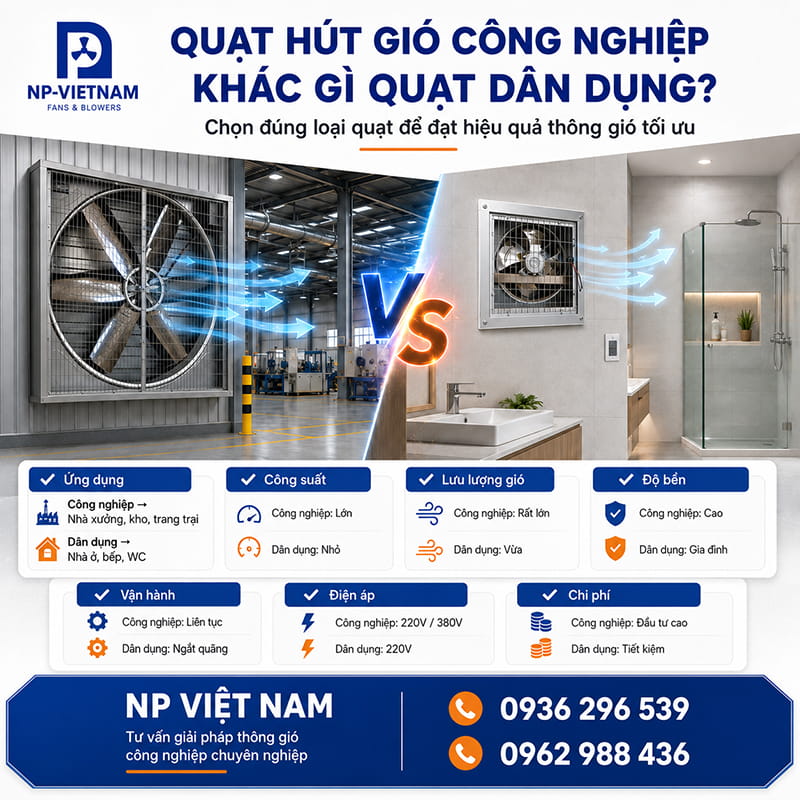 Quạt hút gió công nghiệp khác gì quạt dân dụng?