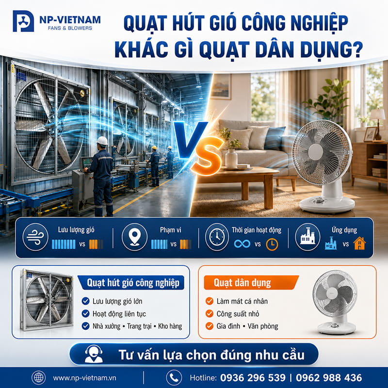 Quạt hút công nghiệp khác gì quạt dân dụng