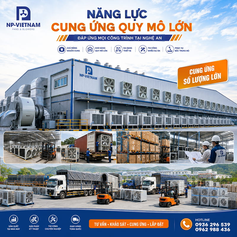 Năng lực cung ứng quạt hút gió công nghiệp quy mô lớn, đáp ứng mọi loại công trình tại Nghệ An và các tỉnh lân cận