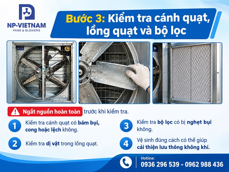 Bước 3: Kiểm tra cánh quạt, lồng quạt và bộ lọc