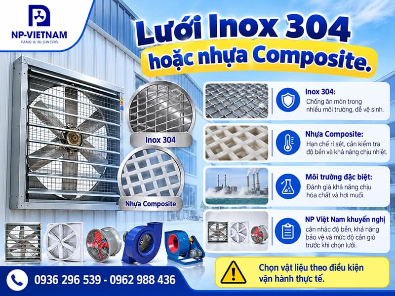 Lưới Inox 304 hoặc nhựa Composite