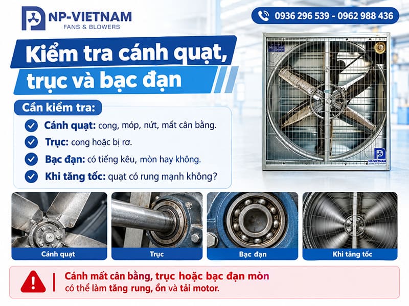Kiểm tra cánh quạt, trục và bạc đạn